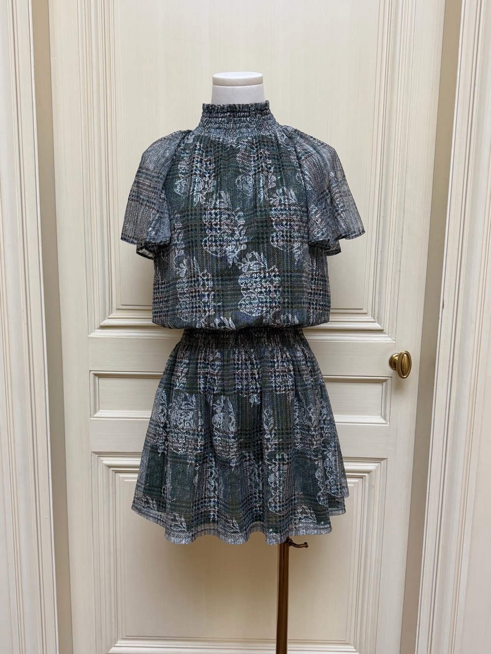 High-Neck Green Plaid Floral Mini Dress